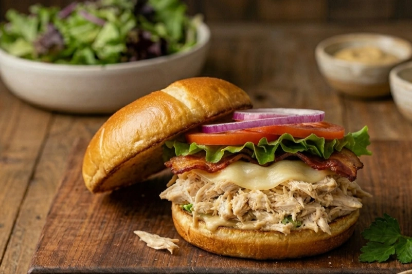 Rotisserie Chicken Sandwich Recipe (Easy, Healthy & BBQ Ideas) 5 A side-angle close-up of a loaded rotisserie chicken sandwich on a wooden surface, showing the layers of shredded chicken tossed in mustard-mayo dressing, melted cheese, and bacon inside a golden brioche bun.
