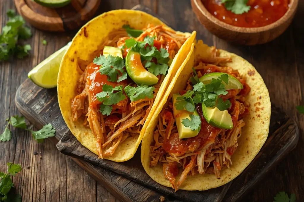 Best 25 Chicken Recipes (Easy, Quick+ Slow Cook) Top Delicious Meals 43 Slow cooker Mexican chicken shredded and served in tortillas with fresh cilantro lime and avocado on rustic table