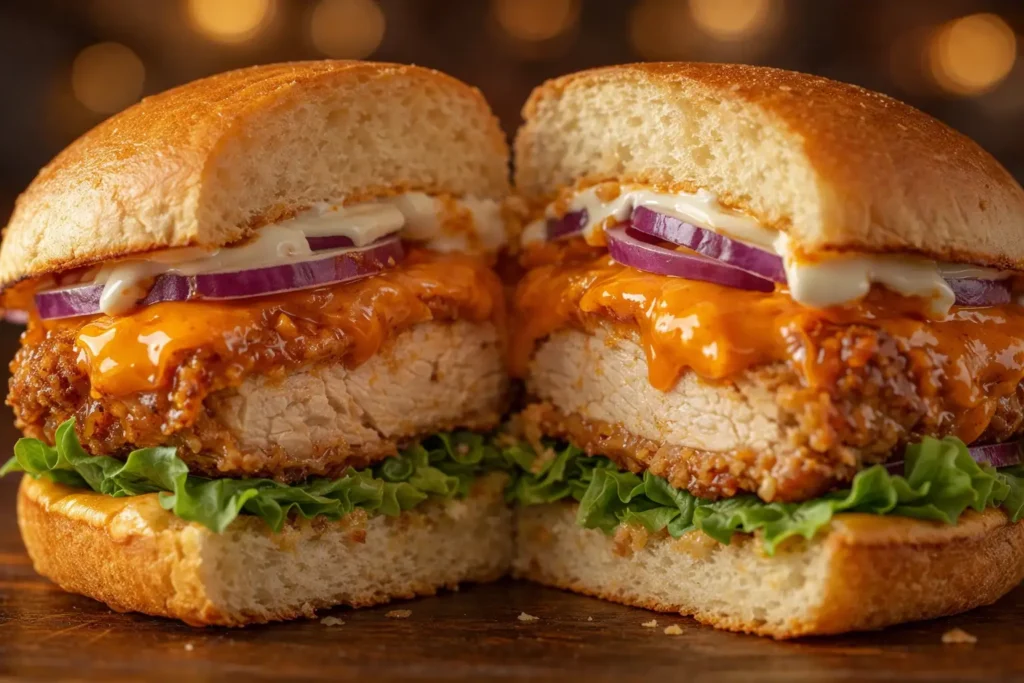 Best 25 Chicken Recipes (Easy, Quick+ Slow Cook) Top Delicious Meals 28 Close-up of a fried Buffalo chicken burger featuring golden crust, melted cheese, and vibrant toppings on a white plate