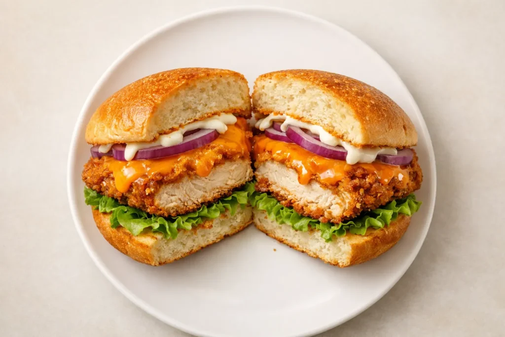 Buffalo Chicken Sandwich, Recipe, Burger, Crispy & Fried 7 Top‑view Buffalo chicken sandwich showing crunchy fried chicken, spicy sauce, creamy dressing, and toasted brioche bun