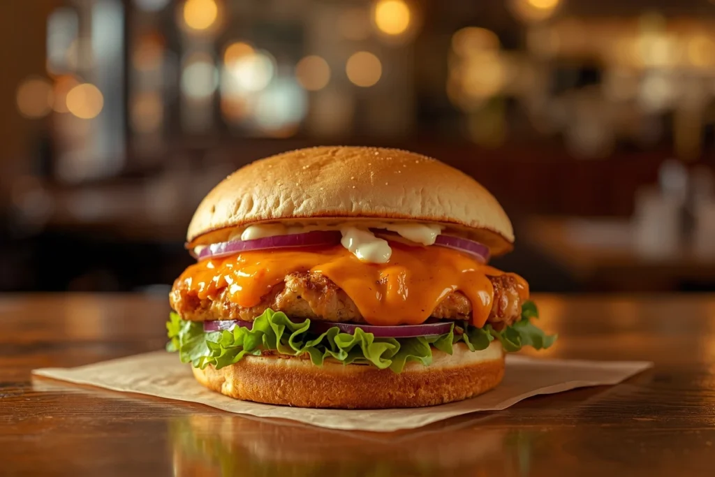 Buffalo Chicken Sandwich, Recipe, Burger, Crispy & Fried 6 Crispy Buffalo chicken burger cut in half on a white plate with melted cheese, red onion, and fresh lettuce