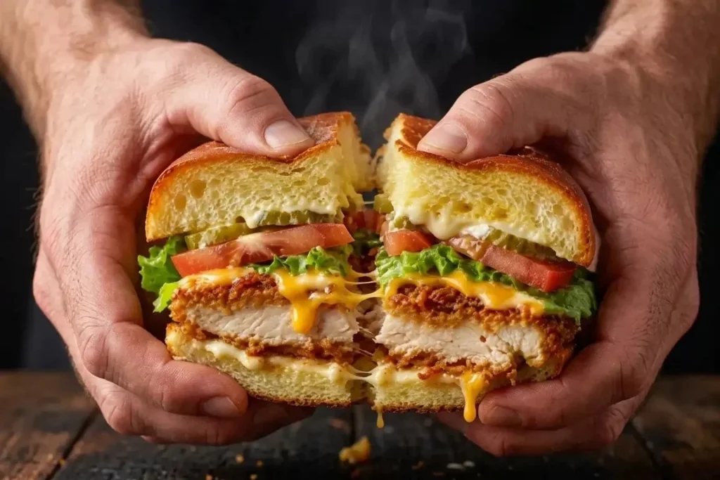 Chicken Patty Sandwich Recipe (Fried, Air Fryer & Grilled) 6 A close-up view of a man's hands pulling apart a crispy fried chicken sandwich. Stringy, melted yellow cheese stretches from the thick chicken fillet, which is layered with fresh lettuce, red tomato slices, pickles, and mayo on a soft, cross-sectioned brioche bun. The sandwich releases steam against a dark background, and is held over a rustic, dark wooden surface covered in scattered bread crumbs