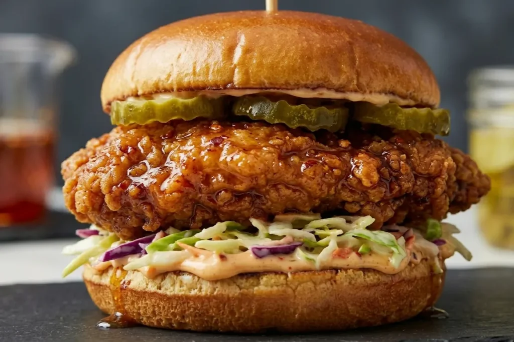 Hot Honey Chicken Sandwich | Crispy & Better ThanTakeout 13 A stunning, close-up photograph of the completed Hot Honey Chicken Sandwich. It's stacked with a massive piece of glistening, crispy glazed chicken, creamy coleslaw, and dill pickles on a toasted brioche bun.