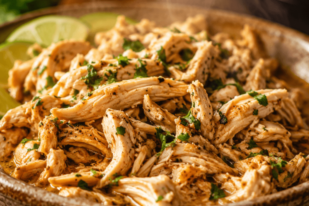 Slow Cook Chicken Breast: The Easiest Way to Get Tender, Juicy Results Every Time 5 Tender shredded chicken breast seasoned with herbs in a warm broth, served in a pottery bowl with lime slices and fresh parsley, featuring a soft-focus kitchen background.