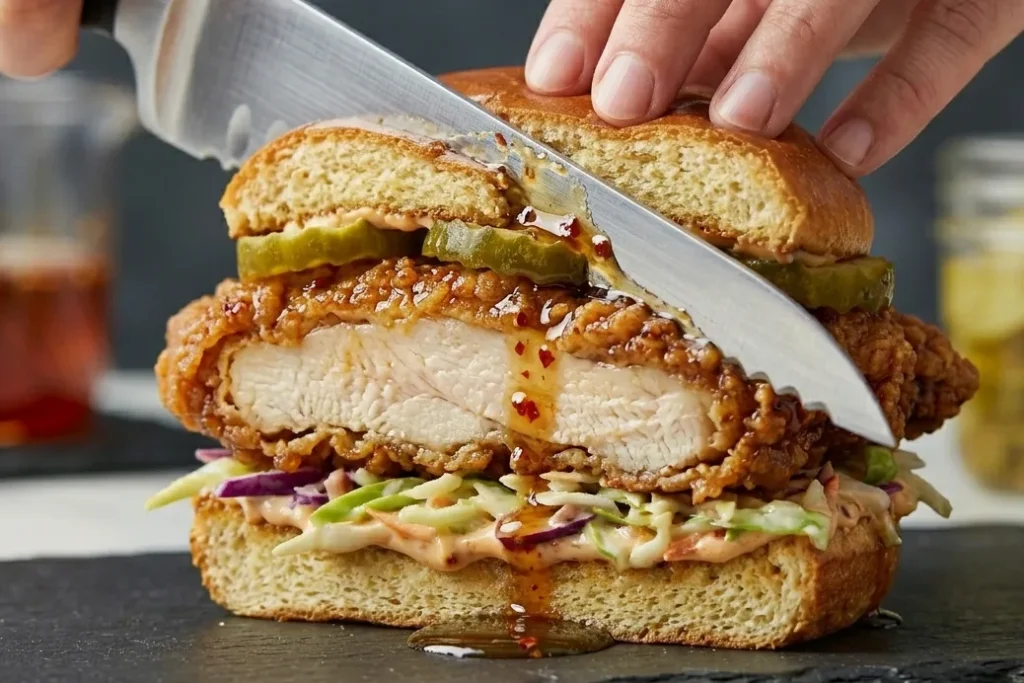 Best 25 Chicken Recipes (Easy, Quick+ Slow Cook) Top Delicious Meals 29 An amazing close-up of the finished Hot Honey Chicken Sandwich. On top of a toasted brioche bun are dill pickles, creamy coleslaw, and a huge piece of shiny, crispy glazed chicken.