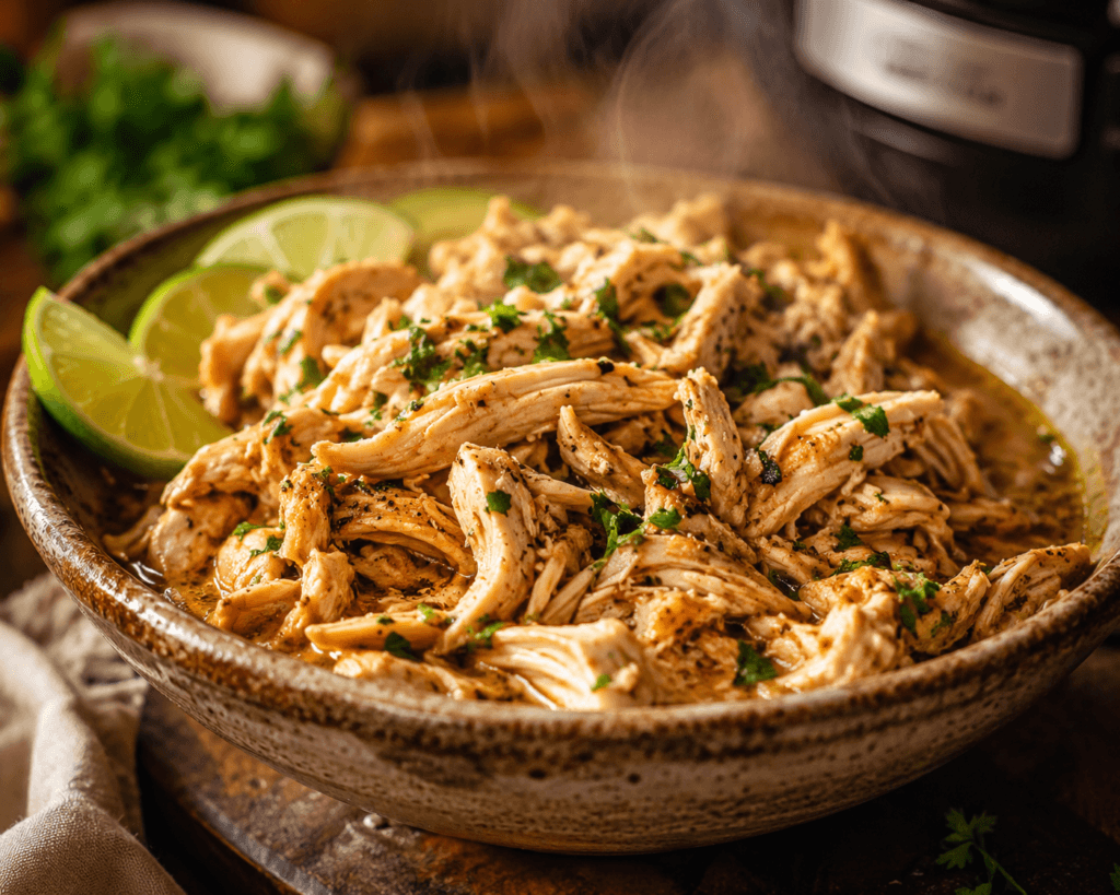 Slow Cook Chicken Breast: The Easiest Way to Get Tender, Juicy Results Every Time 6 A close-up shot of a rustic ceramic bowl filled with juicy shredded chicken, garnished with chopped cilantro and fresh lime wedges with steam rising from the dish