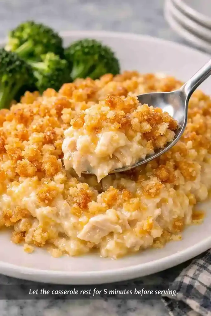 Close‑up of a spoon lifting a bite of creamy chicken casserole with melted cheese and golden Ritz cracker topping.