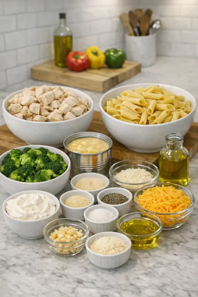 Close‑up of raw chicken tenders, broccoli florets, pasta, shredded cheddar cheese, sour cream, cream of chicken soup, and seasonings arranged neatly on a marble countertop.