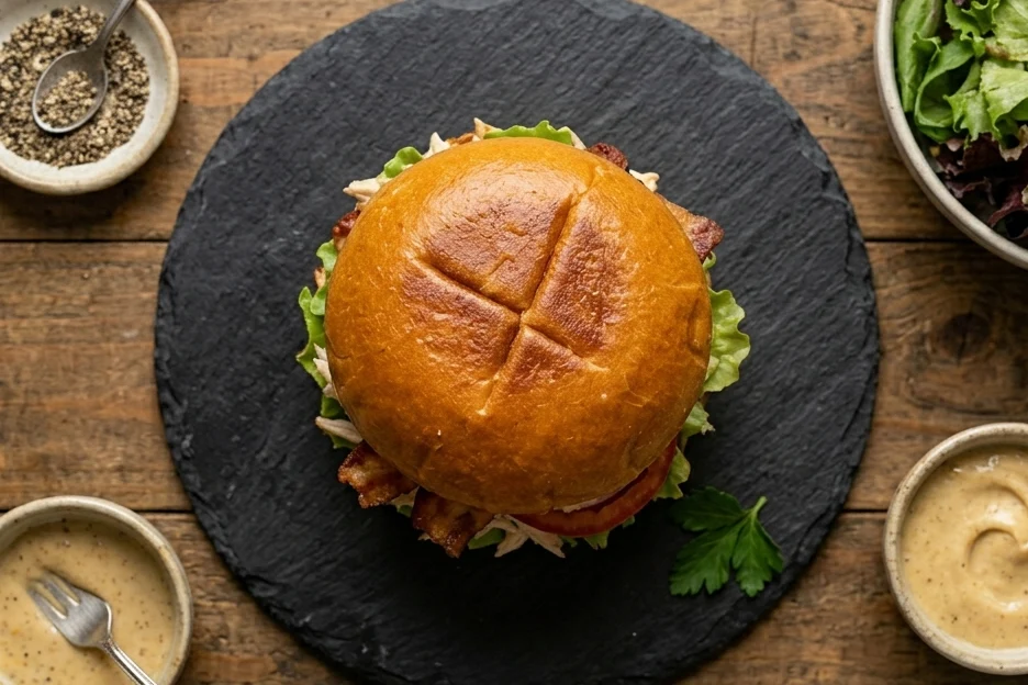 Rotisserie Chicken Sandwich Recipe (Easy, Healthy & BBQ Ideas) 6 An overhead flat-lay view of a classic rotisserie chicken sandwich placed on a round black slate plate, surrounded by small bowls of Dijon mustard, cracked black pepper, and a fresh side salad