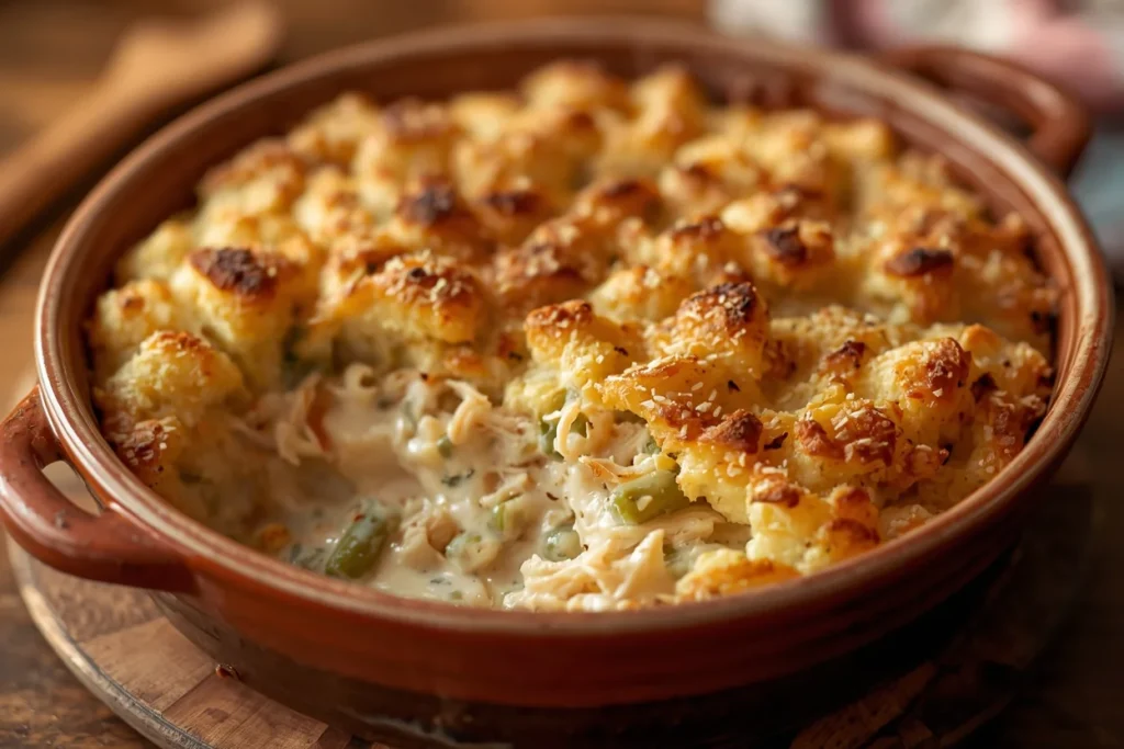 Best 25 Chicken Recipes (Easy, Quick+ Slow Cook) Top Delicious Meals 47 Close-up of a hot serving of creamy chicken and vegetable casserole being scooped onto a white plate, topped with a golden crispy breadcrumb crust, with broccoli, carrots, and corn visible in the creamy filling and steam rising from the dish. Chicken and Stuffing Casserole