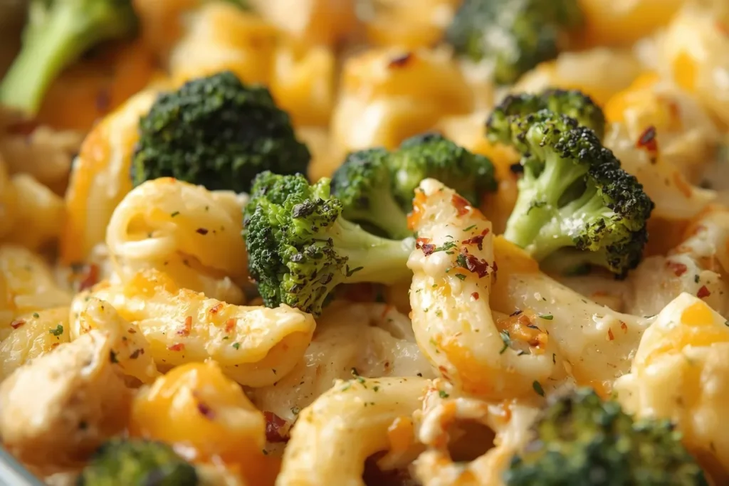 Top‑down view of a serving plate with creamy chicken, broccoli, and pasta casserole mixed with melted cheese.