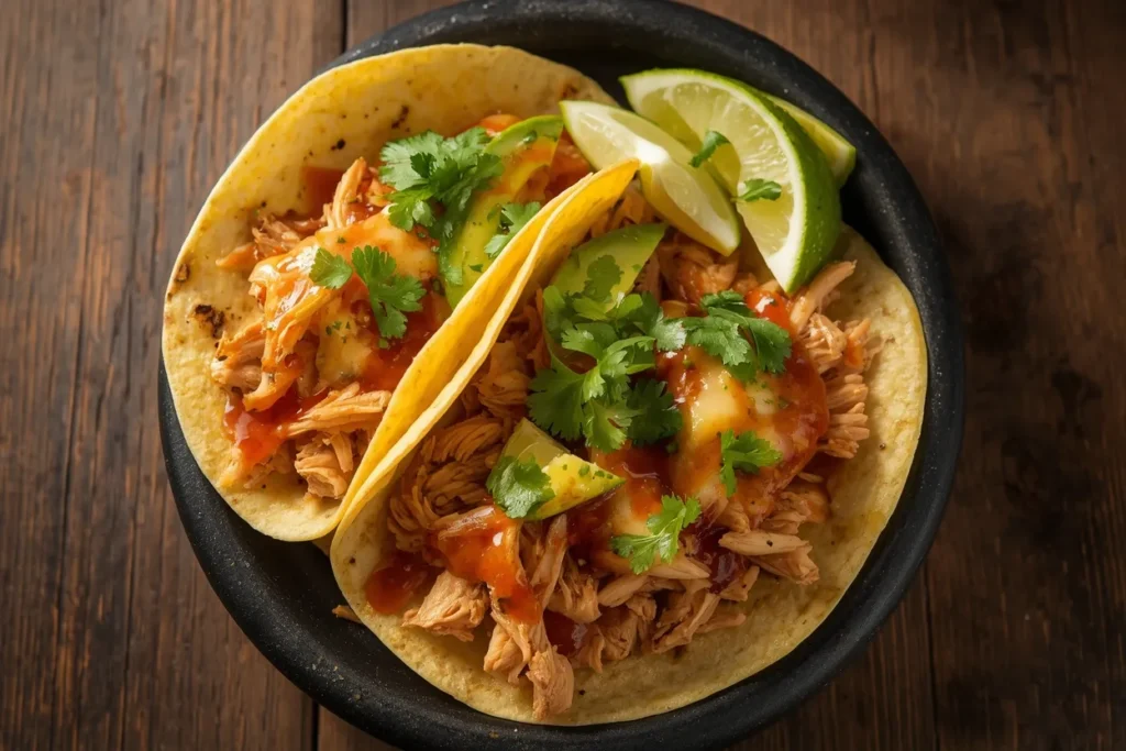 Slow Cooker Mexican Chicken That Saves My Busy Weeknights 4 Close up of tender shredded Mexican chicken from slow cooker ready for tacos with beans corn and rich sauce