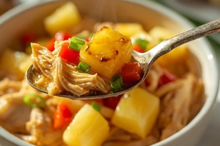 A magazine-quality food shot of steaming crockpot pineapple chicken with a glossy sauce, served next to a bowl of rice and a glass of lime water on a kitchen table