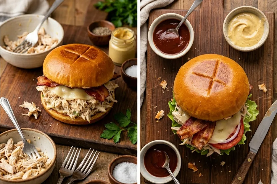 Rotisserie Chicken Sandwich Recipe (Easy, Healthy & BBQ Ideas) 7 Two side-by-side views of a shredded rotisserie chicken sandwich topped with melted cheese and crispy bacon on a toasted brioche bun, displayed on a wooden cutting board with side bowls of BBQ sauce and mustard.