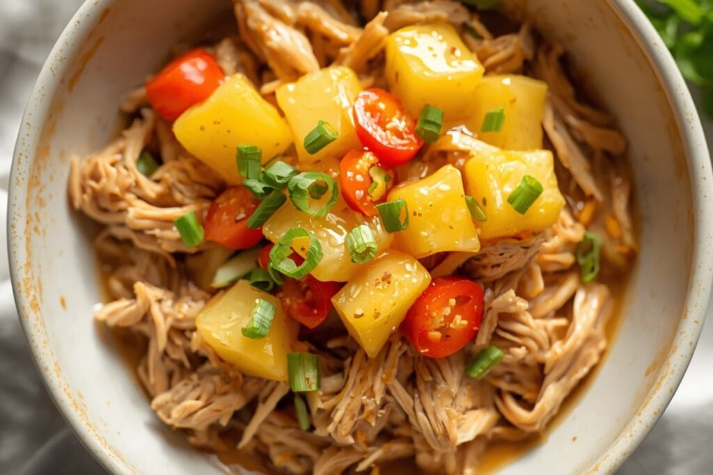Crockpot Pineapple Chicken: Better Than Takeout 6 A rustic ceramic bowl filled with tender shredded crockpot pineapple chicken coated in a glossy golden glaze, garnished with diced red and green bell peppers and green onions. Steam rises from the warm dish on a cozy wooden kitchen table, with a side bowl of white rice and a slow cooker in the blurred background