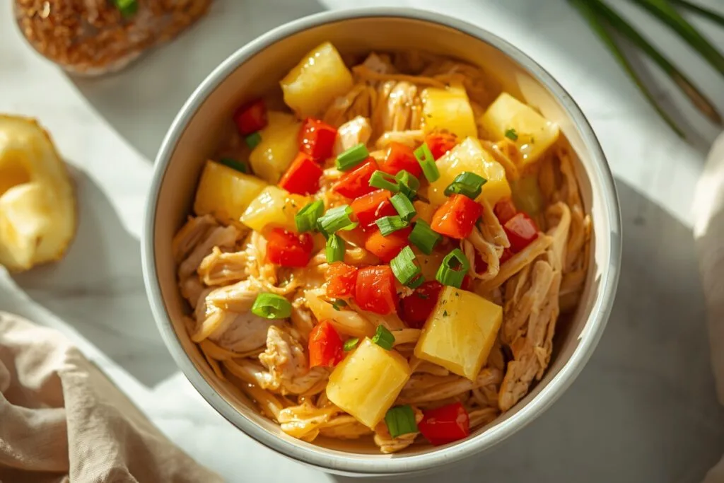 Side view of shredded pineapple chicken in a tropical glaze, served in a brown rustic bowl on a wooden table. The dish is topped with fresh peppers and scallions, creating a vibrant and inviting family dinner atmosphere with natural lighting
