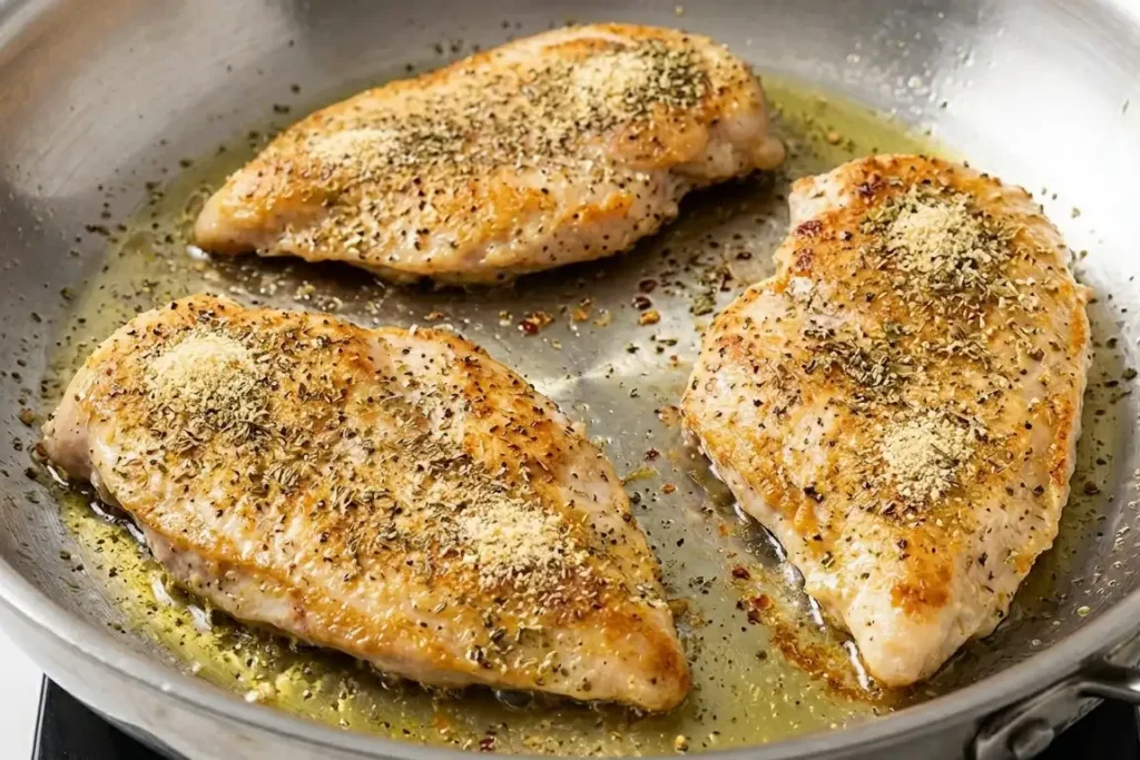 Easy Chicken Marinara Pasta Recipe: Classic Italian Pasta & Cheesy Dinner 8 Seasoned chicken breasts searing until golden brown in a stainless steel skillet with olive oil and Italian herbs