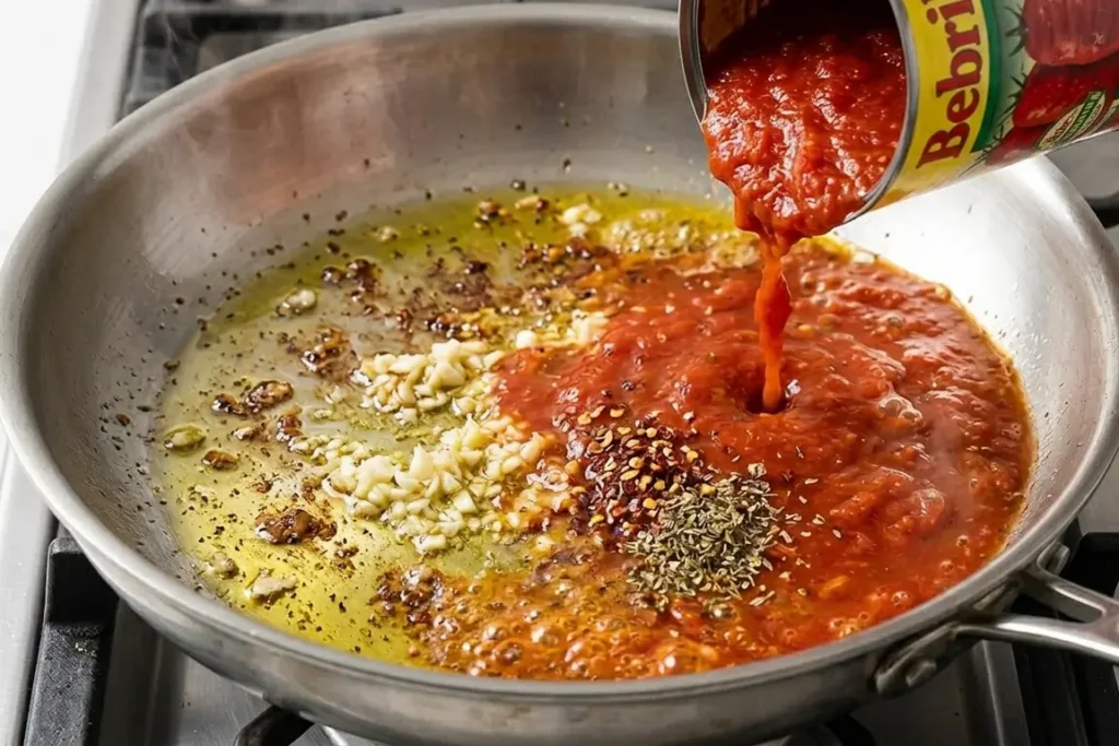 Easy Chicken Marinara Pasta Recipe: Classic Italian Pasta & Cheesy Dinner 9 Crushed tomato sauce being poured from a can into a skillet filled with sautéed minced garlic, red pepper flakes, and herbs
