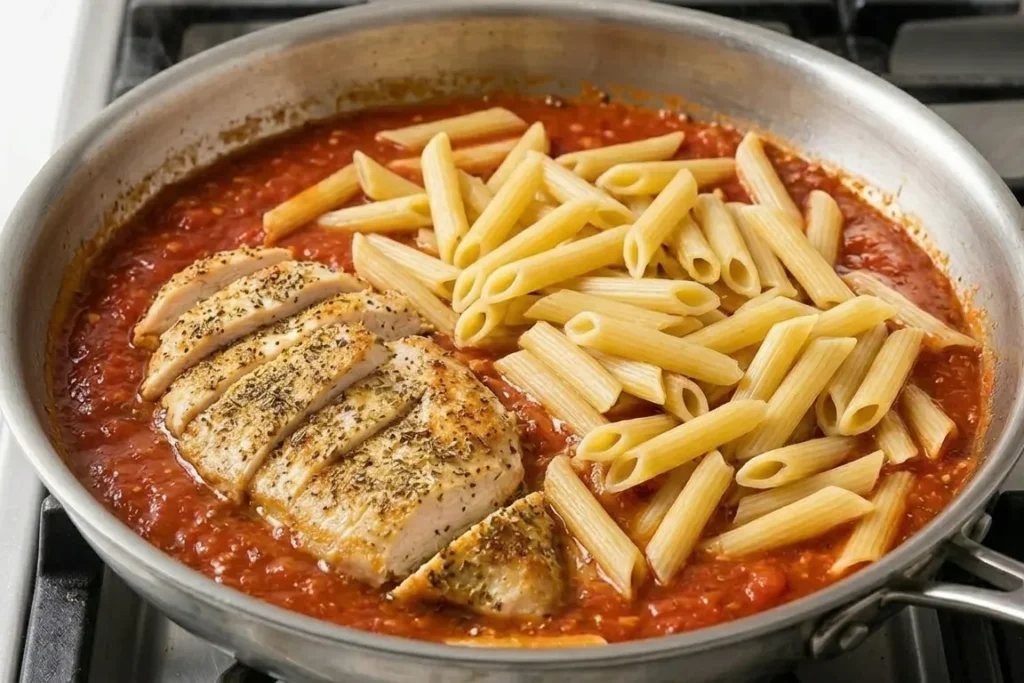 Easy Chicken Marinara Pasta Recipe: Classic Italian Pasta & Cheesy Dinner 11 Sliced cooked chicken breast and boiled penne pasta being tossed together with the simmering red marinara sauce in a large skillet