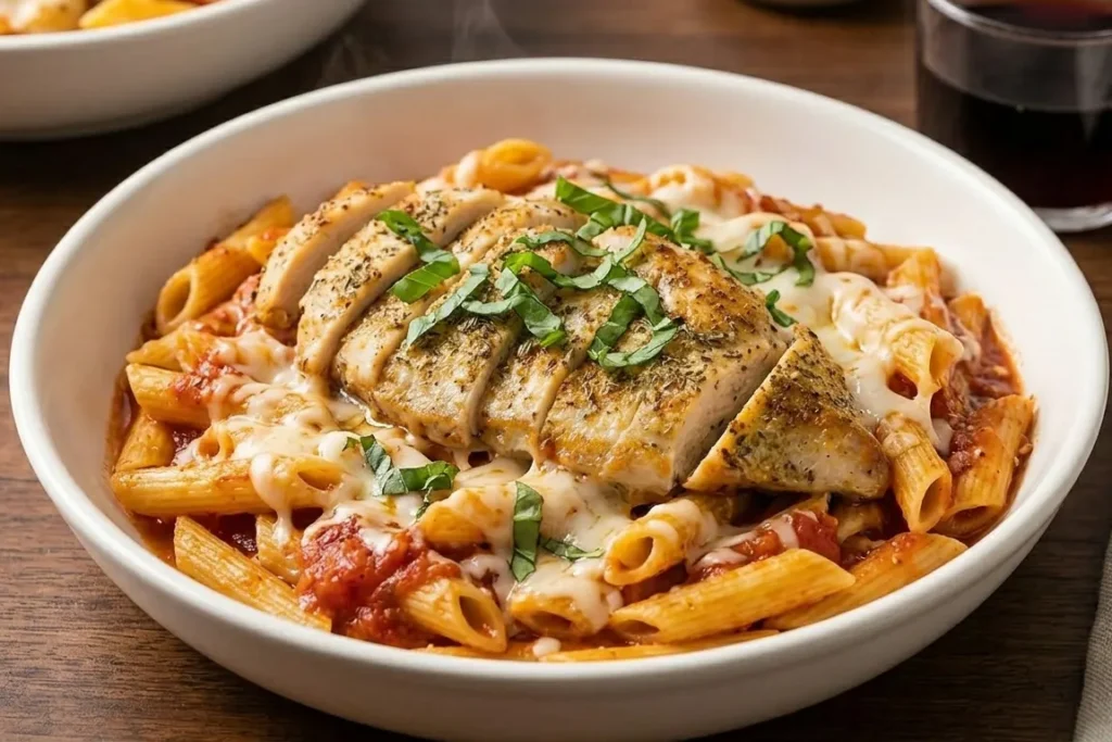Easy Chicken Marinara Pasta Recipe: Classic Italian Pasta & Cheesy Dinner 12 Shredded mozzarella and parmesan cheese melting over chicken and penne pasta under a clear glass skillet lid