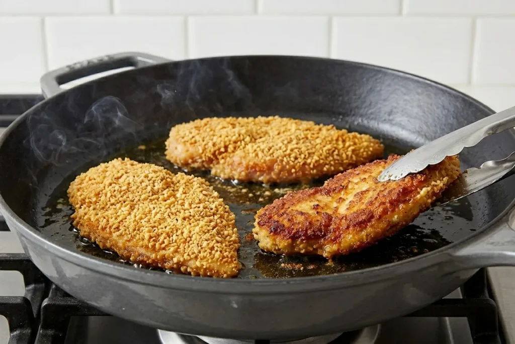 Chicken Parmesan Pasta: The Comforting One-Pan Dinner 10 Breaded chicken cutlets being flipped with tongs in a hot cast iron skillet, developing a crispy golden-brown crust