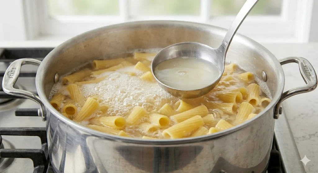 Chicken Parmesan Pasta: The Comforting One-Pan Dinner 11 Rigatoni pasta boiling in a large stainless steel pot with a metal ladle scooping out starchy pasta water