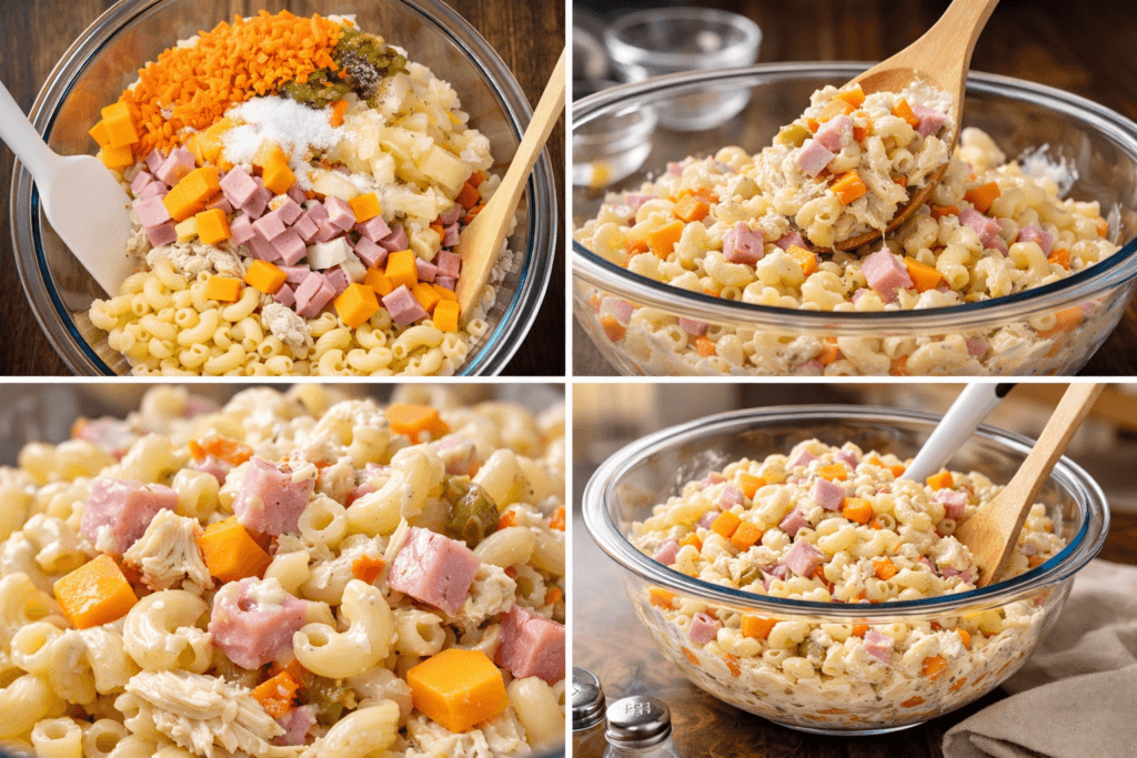 Homemade chicken macaroni salad with creamy mayo, chicken, vegetables, and pasta served chilled in a bowl for gatherings