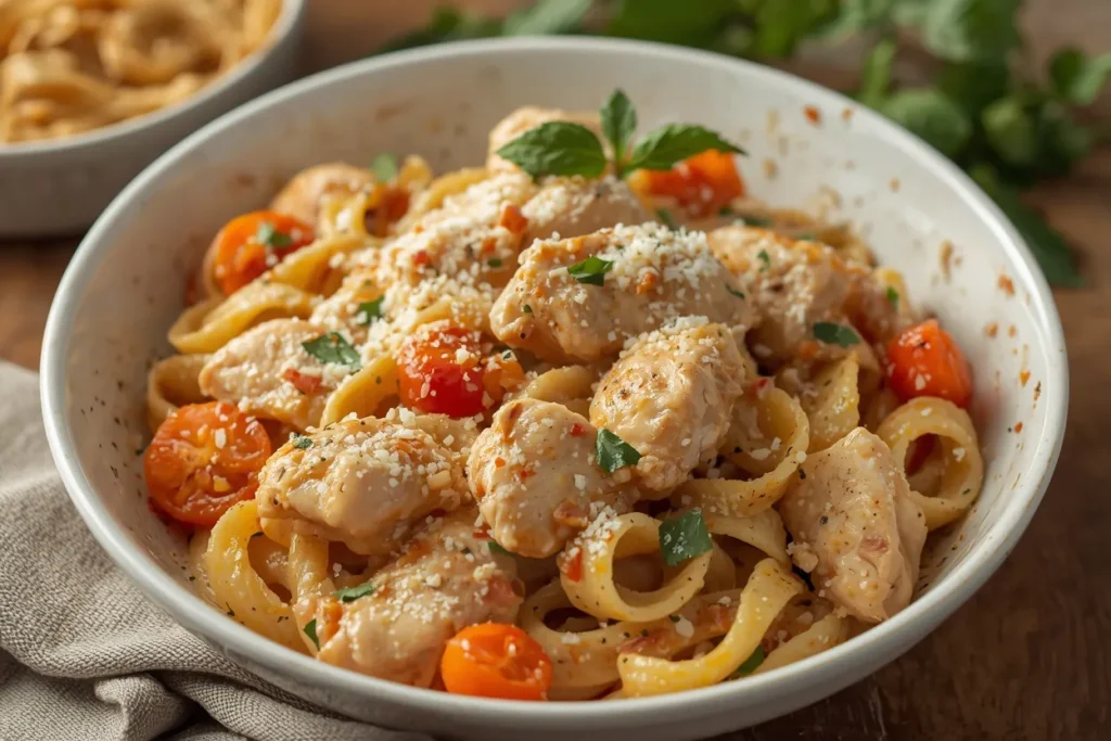 Marry Me Chicken Pasta: The Creamy One Pot Dinner 6 A close-up of a white bowl with creamy chicken and ribbon pasta noodles, mixed with juicy cherry tomatoes and heavily dusted with grated parmesan cheese and basil