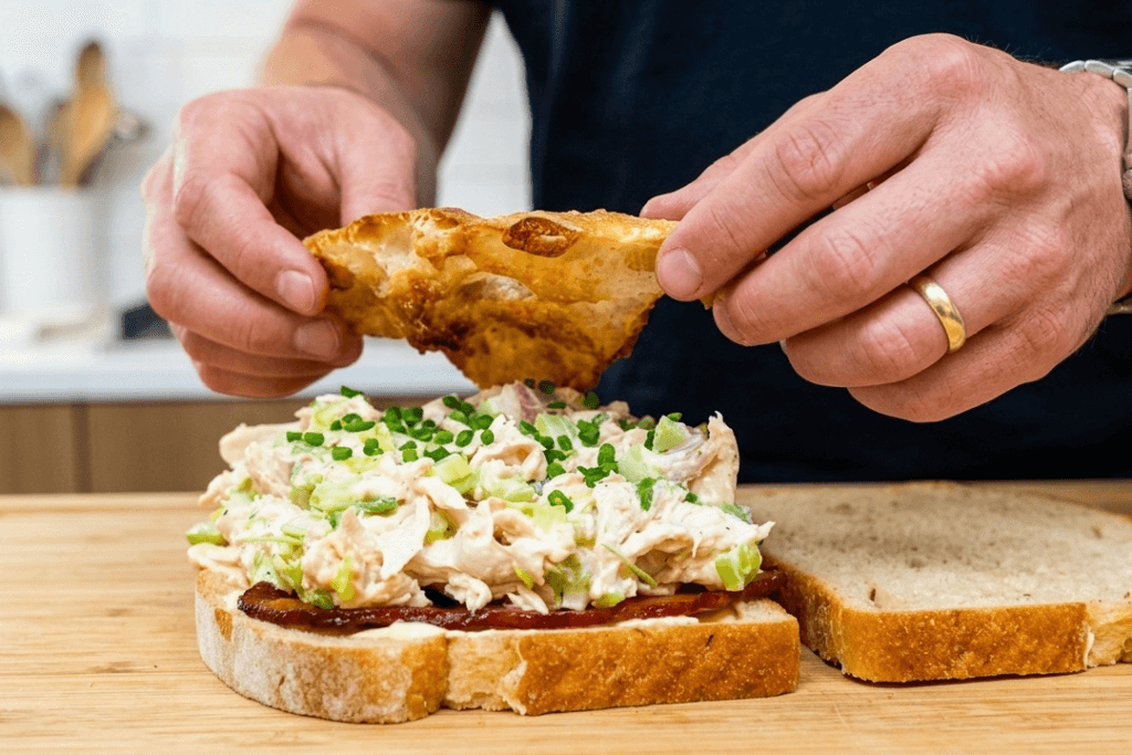 A close-up shot of a person's hands placing a piece of crispy chicken skin onto a loaded chicken salad sandwich with bacon on thick-cut white bread, set on a wooden cutting board