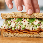 A bright, high-quality close-up of a loaded chicken salad sandwich with crispy bacon slices on toasted whole grain bread, showing fresh celery, red onions, and green herbs with a hand reaching for the top bun