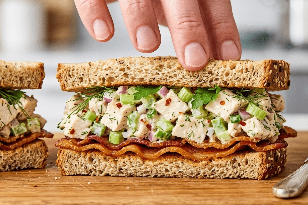Chicken Salad Sandwich With Bacon and Crispy Skin