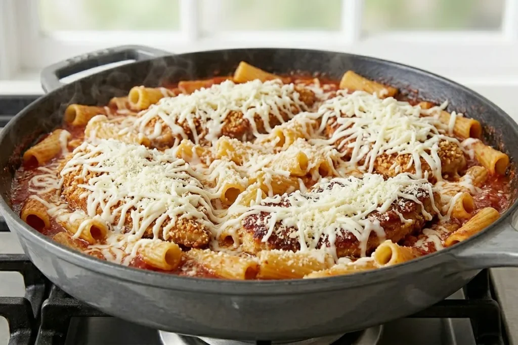 Chicken Parmesan Pasta: The Comforting One-Pan Dinner 13 One-pot chicken parmesan pasta in a skillet covered with a thick layer of melted, bubbly mozzarella and grated parmesan cheese