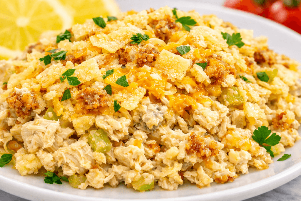 Extreme close‑up of Hot Chicken Salad Recipe showing melted cheddar cheese, golden chips, creamy chicken filling, and fresh parsley on a white marble plate.