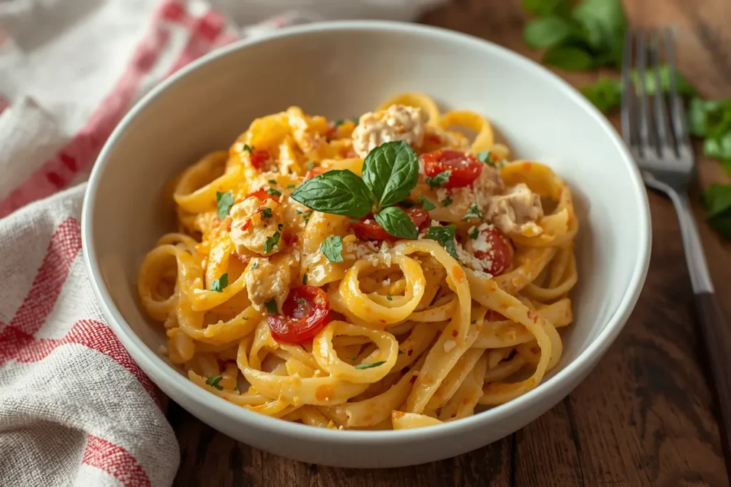 Marry Me Chicken Pasta: The Creamy One Pot Dinner 7 A top-down view of a rustic ceramic bowl filled with long Marry Me chicken pasta noodles, topped with seasoned grilled chicken pieces and fresh parsley next to a silver fork.