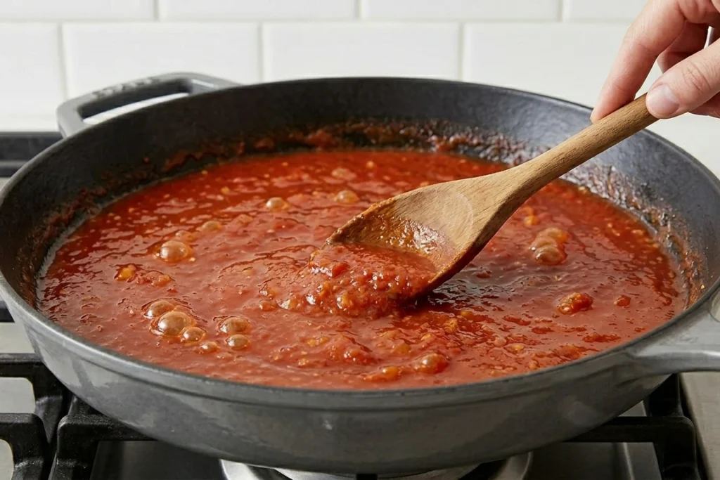 Chicken Parmesan Pasta: The Comforting One-Pan Dinner 12 Rich red marinara sauce simmering and bubbling in a large skillet, being stirred with a wooden spoon to deglaze the pan