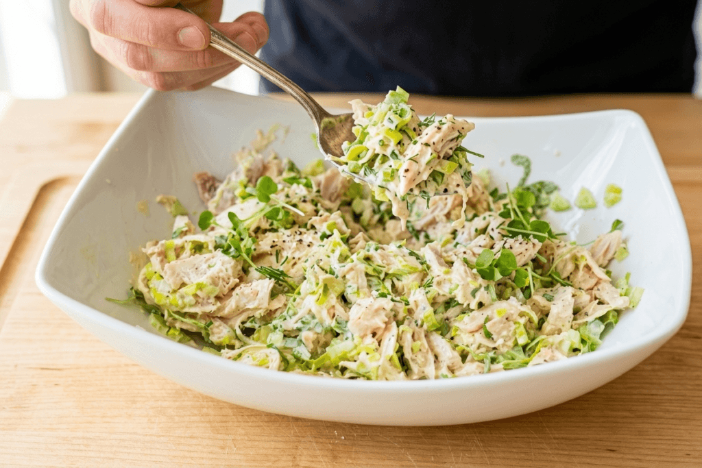A bright, close-up shot of a person scooping a spoonful of creamy chicken salad mixed with chopped leeks, fresh dill, and microgreens from a large white ceramic bowl on a wooden surface.