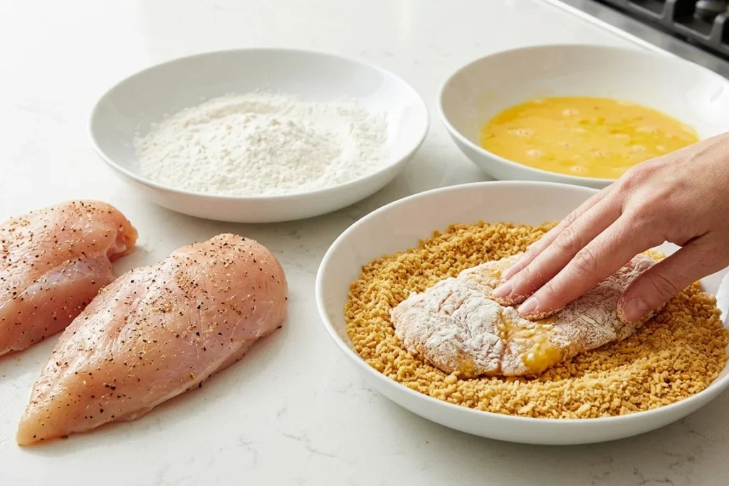 Chicken Parmesan Pasta: The Comforting One-Pan Dinner 9 A three-bowl breading station on a kitchen counter showing seasoned chicken breasts being pressed into breadcrumbs next to flour and beaten eggs