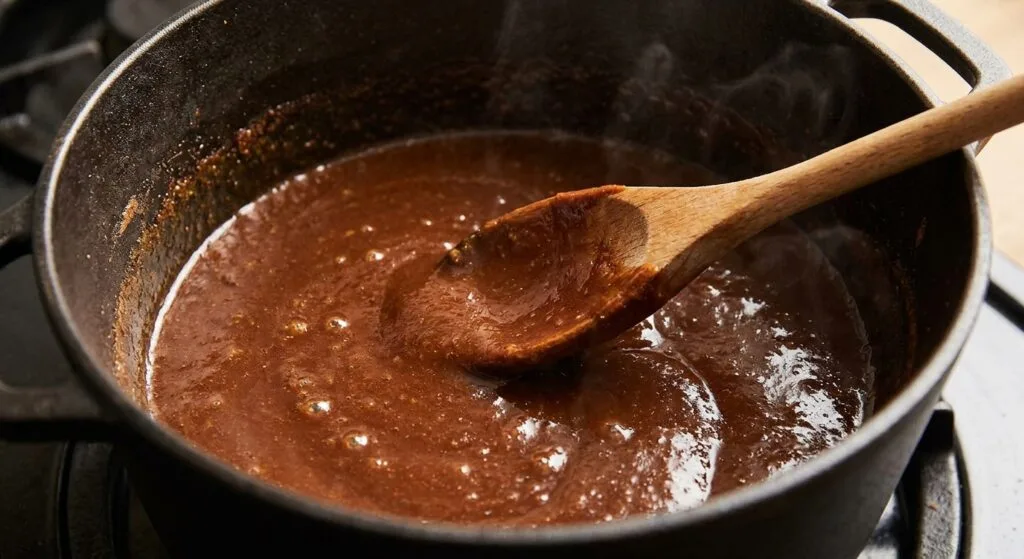 Close-up of a deep mahogany-brown roux cooking in a cast-iron pot with a wooden spoon