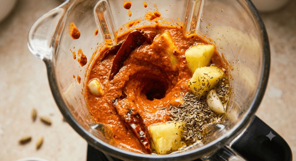 Close-up of a blender mixing a vibrant orange-red Al Pastor marinade made with guajillo chiles, pineapple chunks, chipotle peppers, garlic, achiote paste, vinegar, and spices.