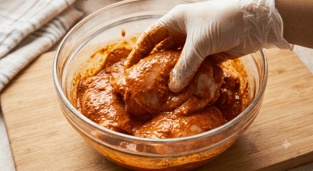 Gloved hand coating raw chicken thighs with a thick red Al Pastor marinade in a glass bowl, ensuring the meat is fully covered with spices and flavors.