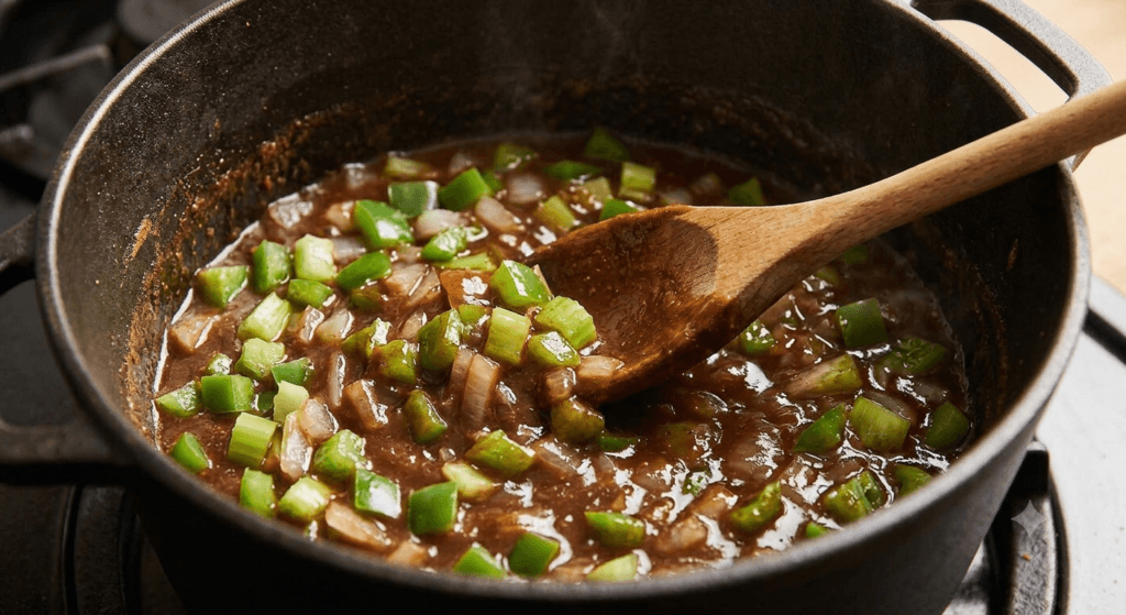 Diced green bell pepper, onion, and celery mixed into a dark brown cooking roux in a cast-iron pot