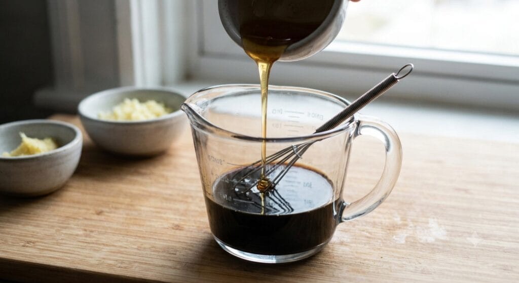 Chicken Stir-Fry Sauce Formula Recipe | Easy Cooking Guide 15 A close-up of honey being poured into a glass measuring cup filled with soy sauce and a whisk, surrounded by fresh garlic and ginger, showing the preparation of the Chicken Stir-Fry Sauce Formula Recipe.