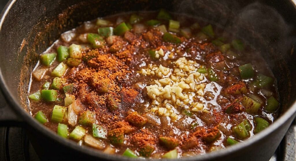 Minced garlic, Cajun seasoning, and smoked paprika sprinkled over vegetables and roux in a pot.