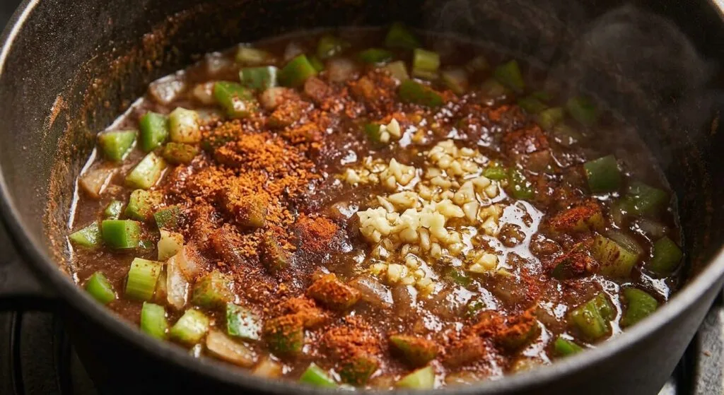 Minced garlic, Cajun seasoning, and smoked paprika sprinkled over vegetables and roux in a pot.