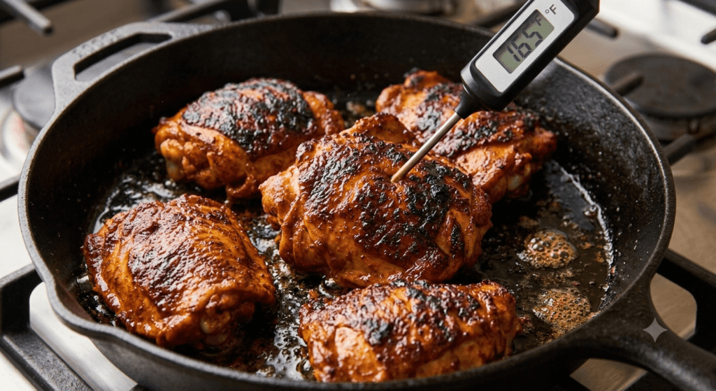 Close-up of marinated chicken thighs searing in a hot cast-iron skillet, with caramelized marinade forming a flavorful crust and a meat thermometer checking the internal temperature.