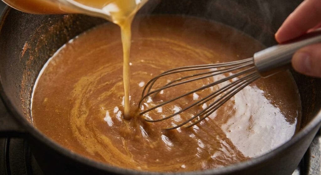Whisking Chicken Broth into Gumbo Roux