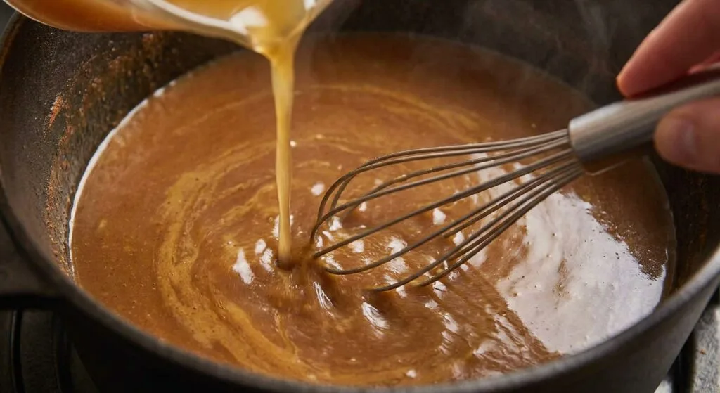 Whisking Chicken Broth into Gumbo Roux