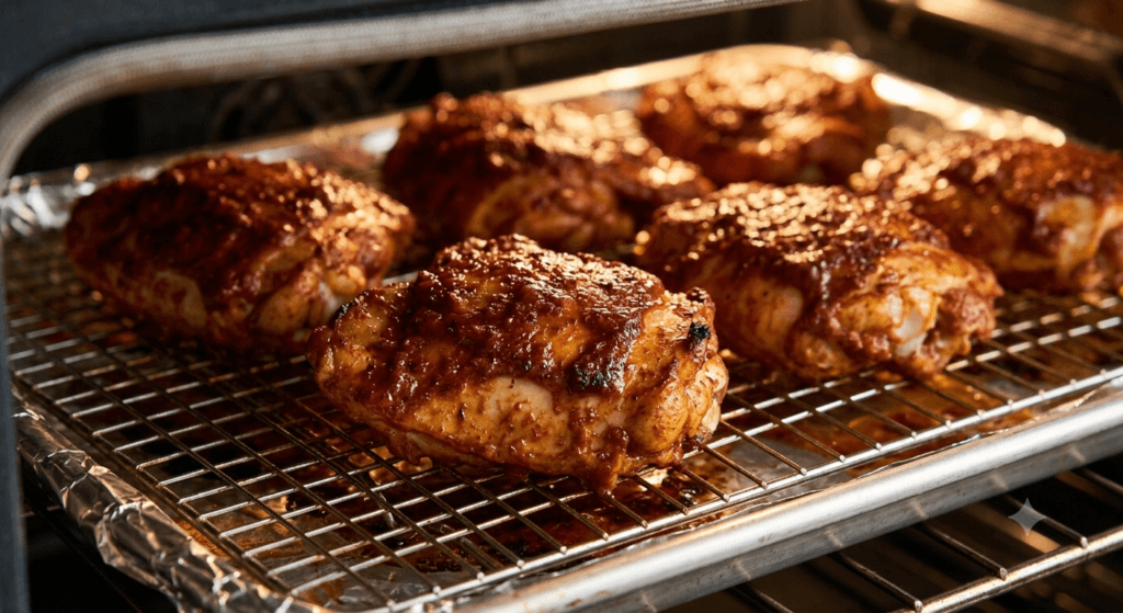 Close-up of marinated chicken thighs roasting on a wire rack over a foil-lined baking sheet inside a hot oven, with the marinade bubbling and browning as the chicken cooks.