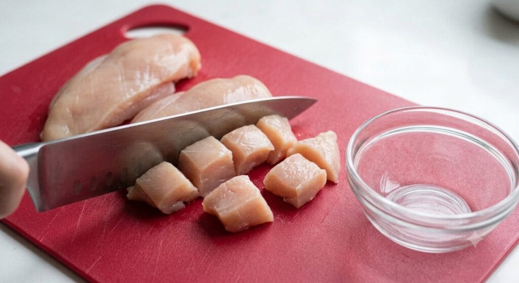 Chicken Stir-Fry Sauce Formula Recipe | Easy Cooking Guide 11 A close-up of raw chicken breast being sliced into small cubes on a cutting board with a knife and bowl nearby, showing the preparation step for the Chicken Stir-Fry Sauce Formula Recipe.