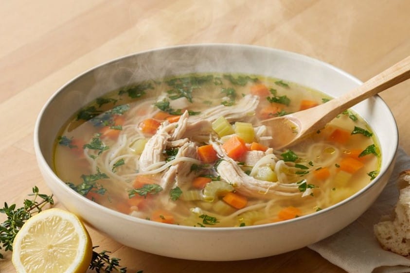 Grandma's Chicken Soup Recipe: The Simple Bowl 8 Comforting Grandma's Chicken Soup presented in a plate with a spoon inside, with fresh lemon and leafy greens arranged alongside the plate.